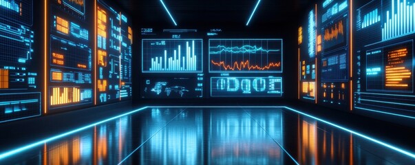 Futuristic digital interface featuring graphs, charts, and data visualizations in a high-tech environment.