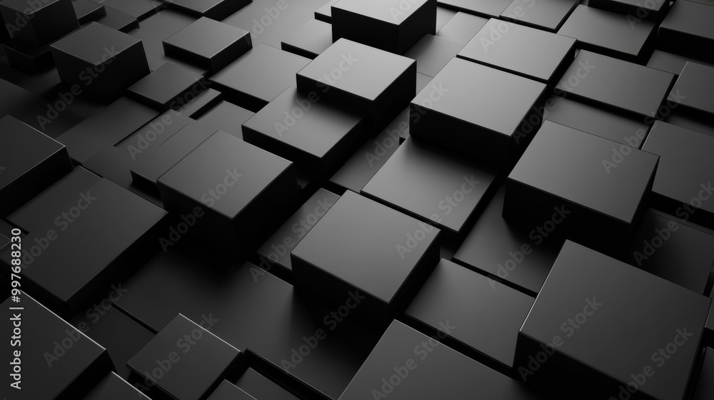 Poster utilize a deep black background to create a striking contrast with the geometric blocks. this settin