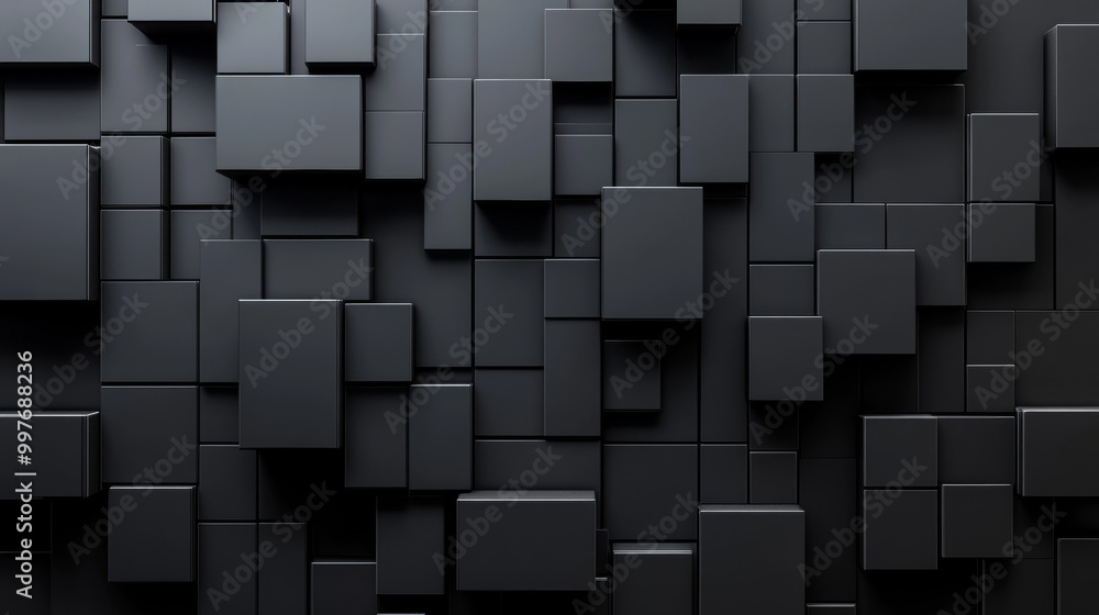 Poster utilize a deep black background to create a striking contrast with the geometric blocks. this settin