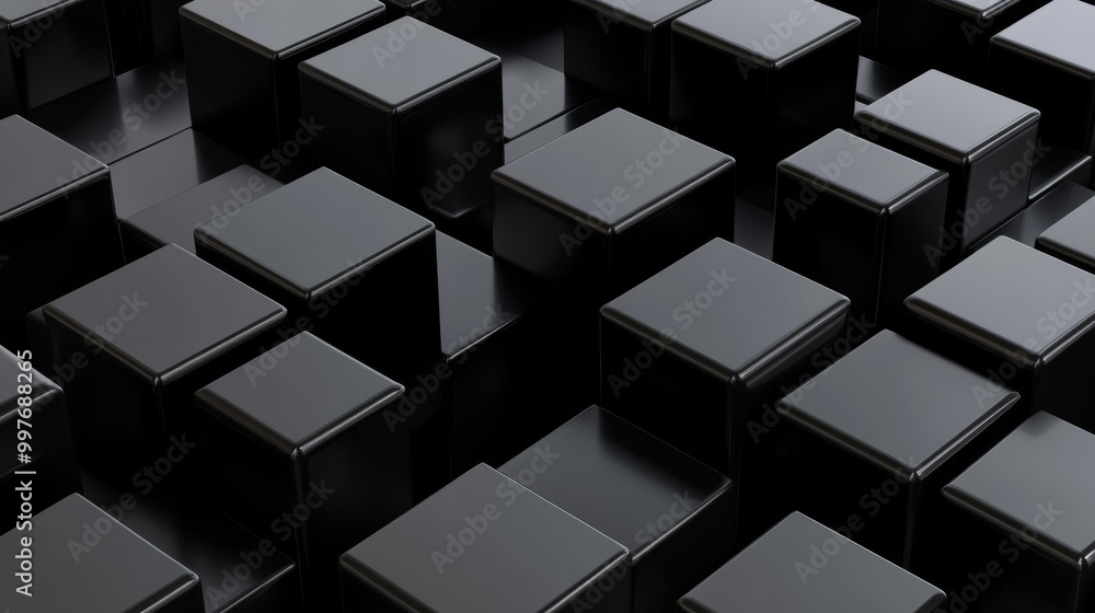 Poster utilize a deep black background to create a striking contrast with the geometric blocks. this settin