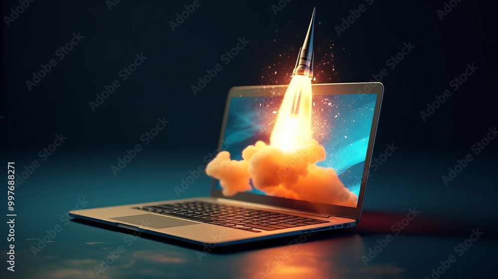 Poster a laptop computer is lit up with a rocket launching from the screen