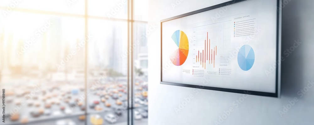 Poster modern office interior displaying analytics charts on a screen, showcasing data trends with a city v