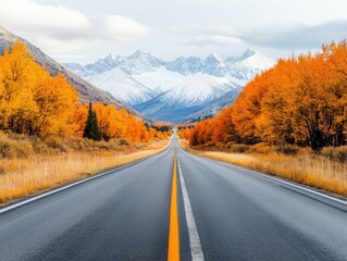 Scenic road surrounded by vibrant autumn trees and majestic mountains under a cloudy sky, inviting adventure and tranquility.