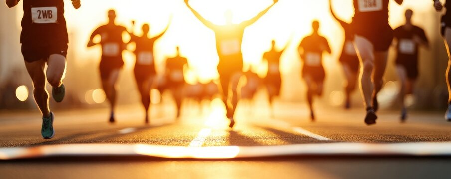 Runners sprint towards the finish line at sunset, capturing the essence of determination and athleticism in a vibrant race.