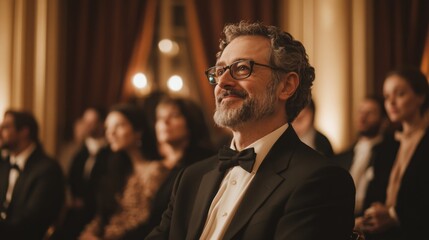 A man with a gray beard is wearing glasses, a white shirt, a black bowtie, and a black tuxedo jacket. He is sitting in a formal setting, with other people in the background