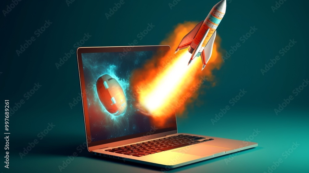Poster a laptop computer with a rocket on the screen