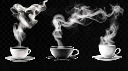 Set of wavy steam on water, tea, coffee, food. Realistic icons of white hot smoke isolated on transparent backdrop