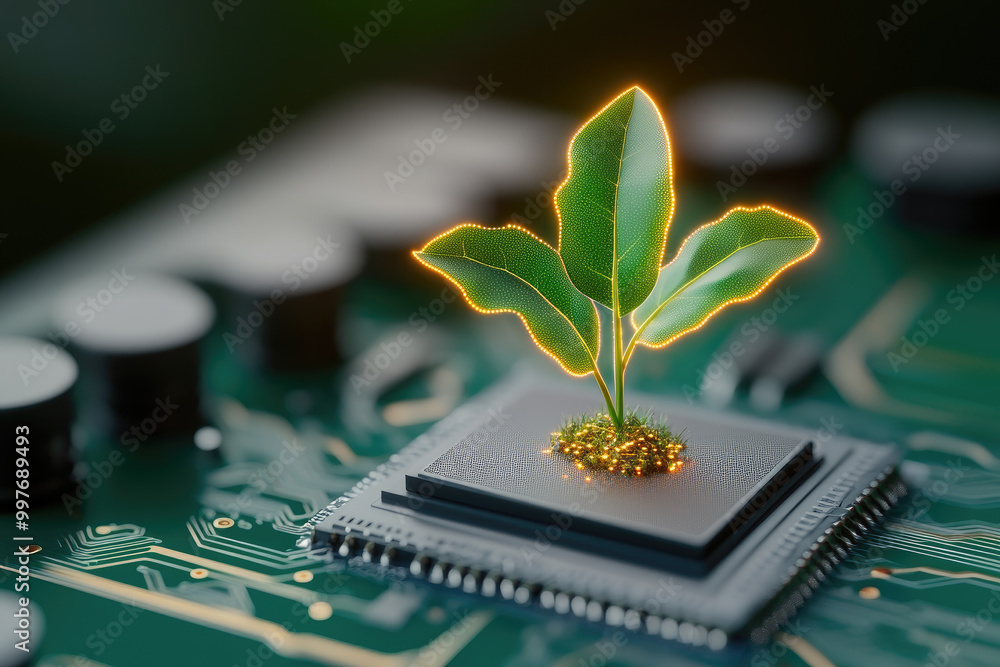 Poster explore the intersection of nature and technology with this illustration of a glowing plant on a com