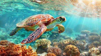 Fototapeta premium sea turtle swimming underwater in the ocean
