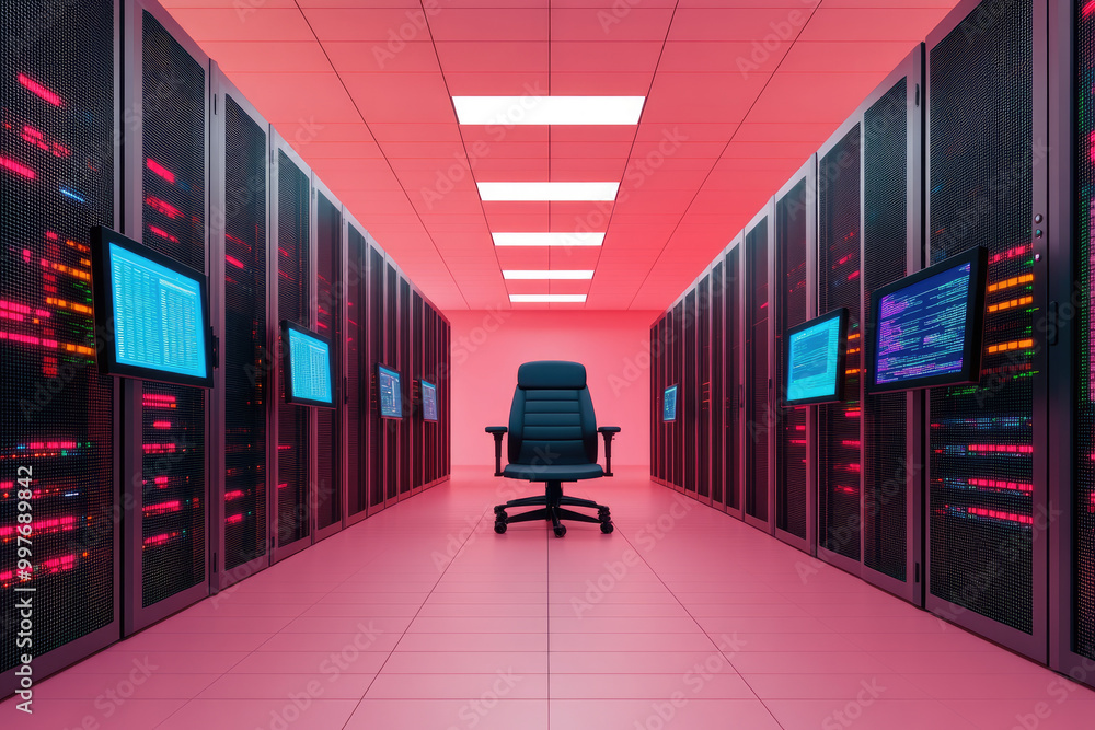 Poster explore a modern office filled with computers and monitors showcasing data, ideal for tech enthusias