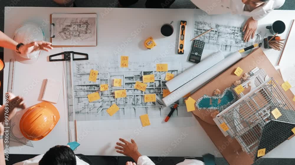 Aufkleber top down view of smart civil engineer putting hand together at meeting table with house model. aeria