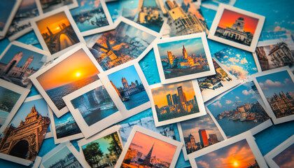 A collection of Polaroid photos scattered on a table, showcasing travel memories, sunsets, and urban scenes for a nostalgic vibe