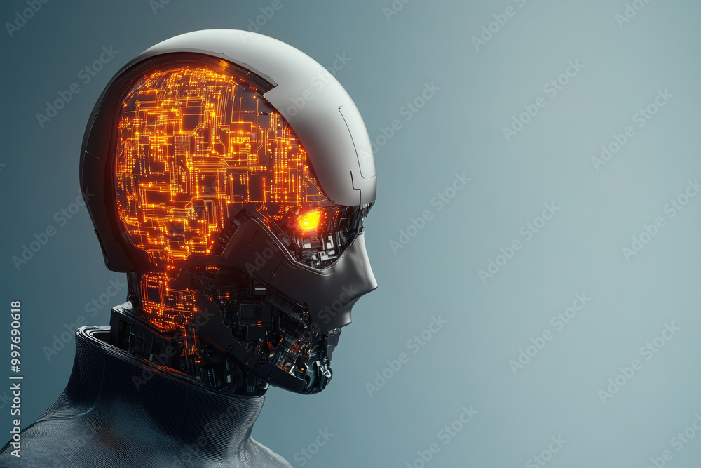 Poster explore a 3d illustration of an ai head featuring data-driven glowing circuits, perfect for tech and