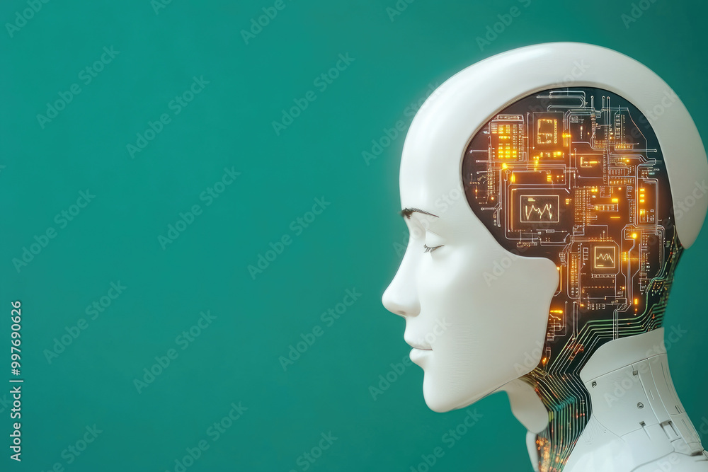 Poster explore a futuristic 3d illustration of an ai head with glowing circuits, showcasing advanced techno