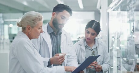 Clipboard, collaboration and science with people in lab together for breakthrough or discovery. Glass, healthcare and medical with pharmaceutical team working on board for innovation or research - Powered by Adobe