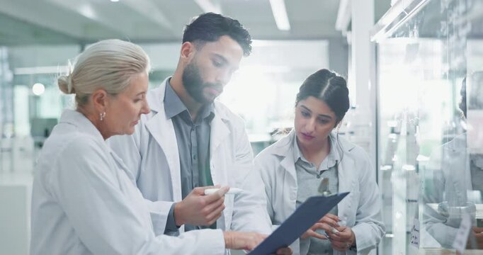 Clipboard, collaboration and science with people in lab together for breakthrough or discovery. Glass, healthcare and medical with pharmaceutical team working on board for innovation or research