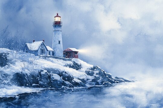 Watercolor Painting of Solitary Lighthouse on Snowy Bluff: Beam Cutting Through Gentle Snowfall over Calm, Icy Waters