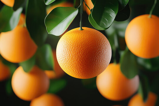A stunning ultra HD 3D illustration featuring an orange suspended in the air, highlighting selective focus and ample copy space for text.