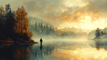 Fototapeta premium A serene landscape with a fisherman by a misty lake at sunset.