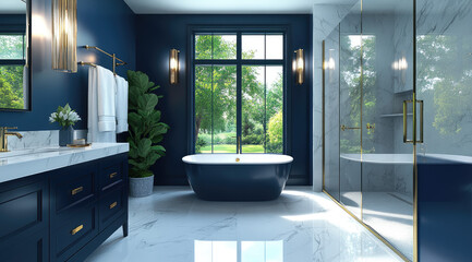 Fototapeta premium Modern bathroom with blue walls, white marble floor and bathtub, gold accents, mirror, window, and a blue cabinet.