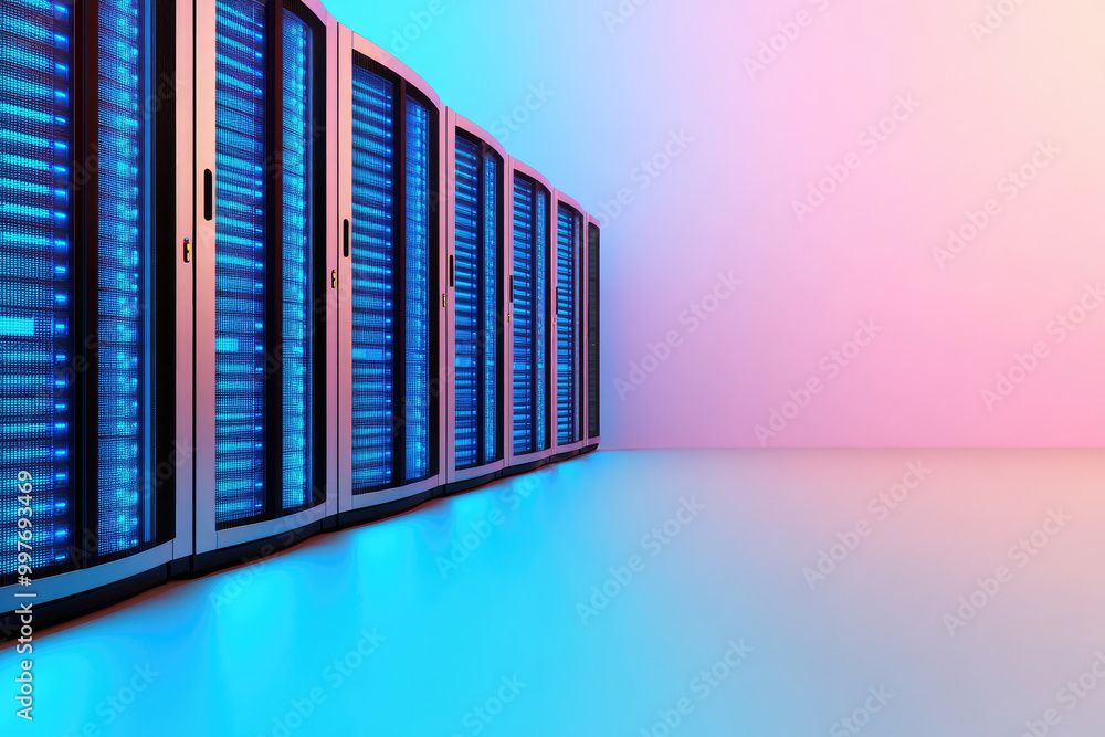 Poster explore a 3d illustration of a data center aisle featuring blue illuminated server racks. ideal for 