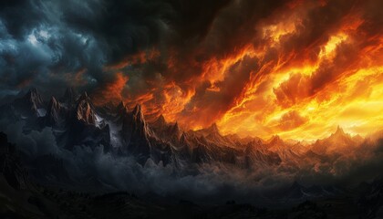 Dramatic fiery scene of a volcanic eruption, with intense flames and dark smoke filling the sky.