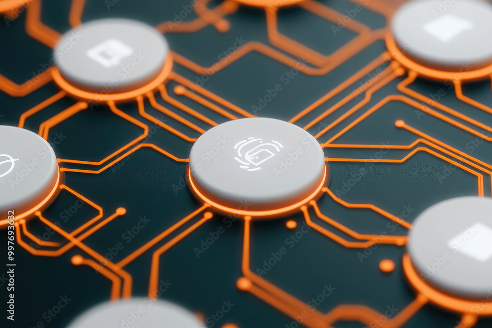 Poster explore a digital representation of iot communication, featuring selective focus and ample copy spac