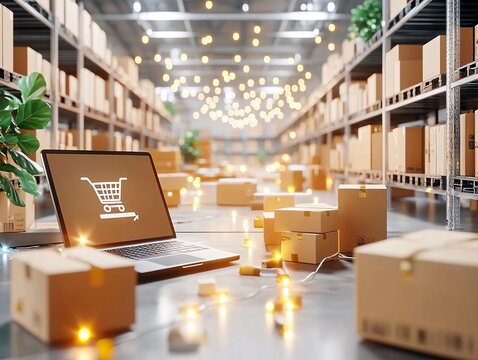 Online Shopping and Ecommerce Warehouse with Laptop and Cart Icon.