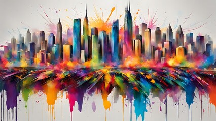 A city skyline blended with abstract splashes of paint, creating a vibrant explosion of colors across the buildings 