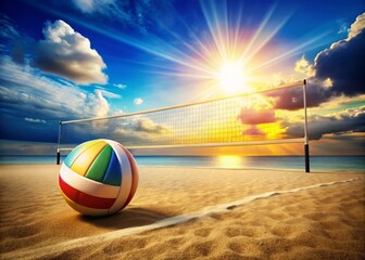 Warm sunlight shines on the sandy court, where eager players stand poised, eyes locked on the volleyball, ready