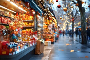 Obraz premium Christmas Market Shop Window with Decorations and Blurred People.