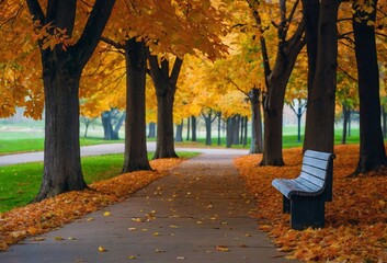Golden leaves blanket the park path, capturing the essence of fall—ideal for marketing autumn events or outdoor activities