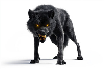 A black wolf with yellow eyes and teeth is standing on a white background