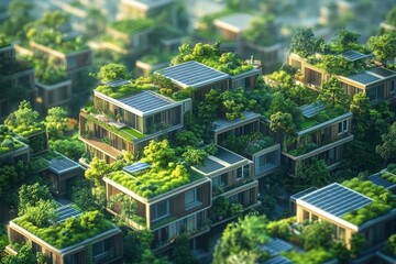 A futuristic sustainable city skyline with green rooftops and solar panels, interconnected buildings, sustainable city, eco-friendly urban planning