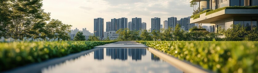Obraz premium A city with sustainable water management systems, including rainwater harvesting and green rooftops, water-efficient city, urban sustainability