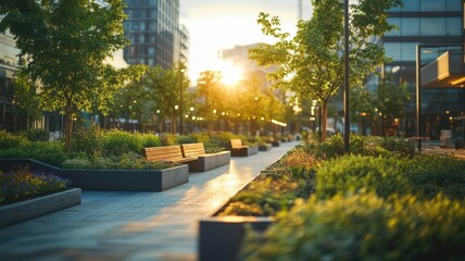 A public square in a sustainable city with outdoor seating, urban gardens, and solar-powered lighting, green urban space, sustainable community design