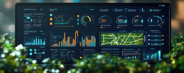 A smart city dashboard displaying energy use, public transport routes, and green space management, smart city design, eco-friendly urban planning