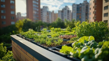 Fototapeta premium Rooftop farms and community gardens in a high-density city environment, urban farming, sustainable food production in cities
