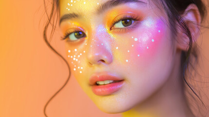 A woman with a colorful face paint and a smile