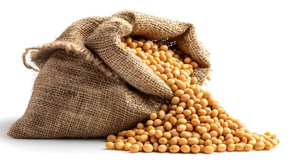 A bag of soybeans is spilling out of a burlap sack 