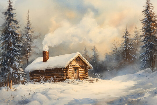 Watercolor Painting of Solitary Wooden Cabin Surrounded by Snow-Draped Trees, Smoke Drifting from Chimney into Crisp Air