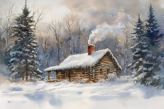Watercolor Painting of Solitary Wooden Cabin Surrounded by Snow-Draped Trees, Smoke Drifting from Chimney into Crisp Air