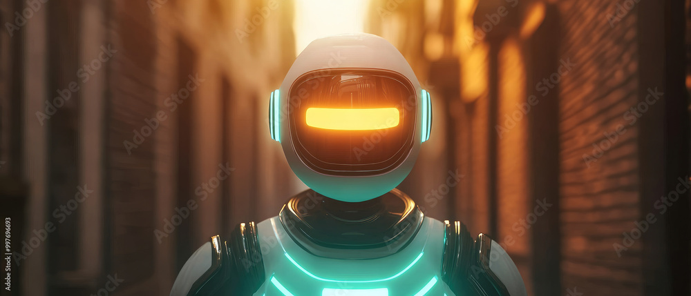 Poster discover a mysterious glowing robot in a dark alley, embodying sci-fi aesthetics and intrigue. perfe