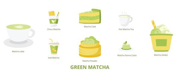 Green Matcha Flat Banner Web Icon Set Vector Illustration, Matcha Latte Hot Tea Powder Iced Cake Panna Cotta Gelato Choco