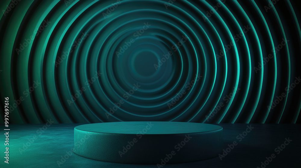Poster illuminated stage with concentric circular patterns, a soft textured platform in a serene atmosphere