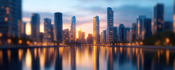 Urban Twilight, skyline illuminated by sunset hues reflecting off calm waters, towering skyscrapers create a mesmerizing cityscape, vibrant lights and shadows intertwine.