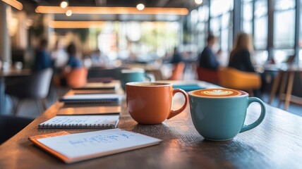 A high-energy co-working cafe with large communal tables, coffee cups, notepads, and professionals brainstorming ideas, energetic cafe, productive workspace