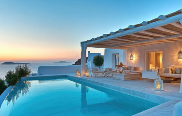 Fototapeta premium a modern swimming pool with a white wooden gazebo and blue water, set against a blue sky with reflections in the water.