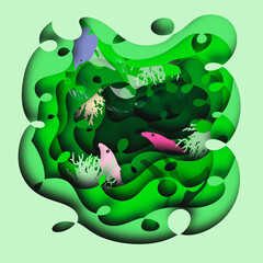 Minimalist of ocean theme with  green wave, marine life theme, fish pattern textures paper cut on layer modern art pattern background. Art image wallpaper. Copy Space.