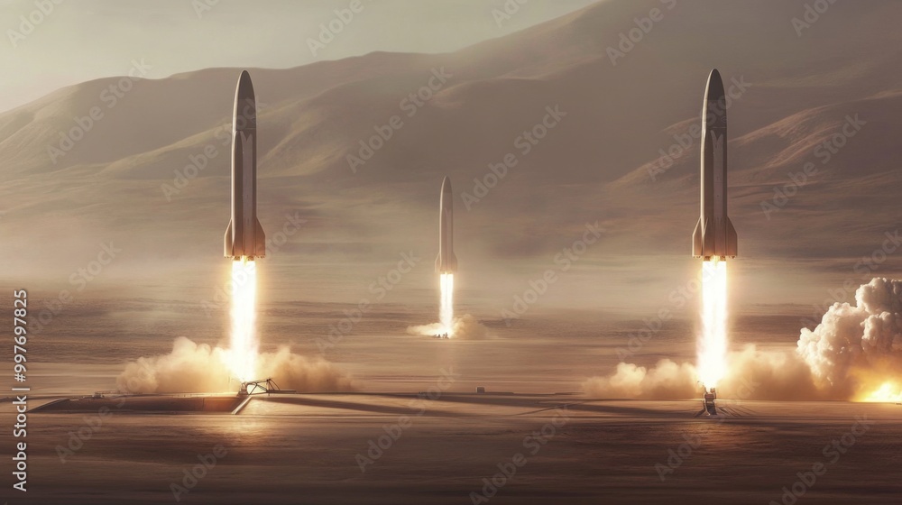 Poster Three rockets launch into the air at sunset from a desert launchpad. The flames from the rocket engines create a bright orange glow in the sky, as smoke billows out from the base of each rocket.
